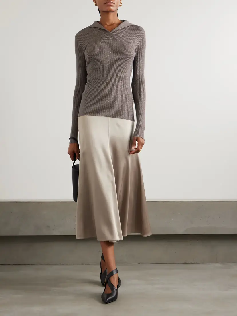Brunello Cucinelli Gathered Silk-satin Midi Skirt | Thumbnail 2