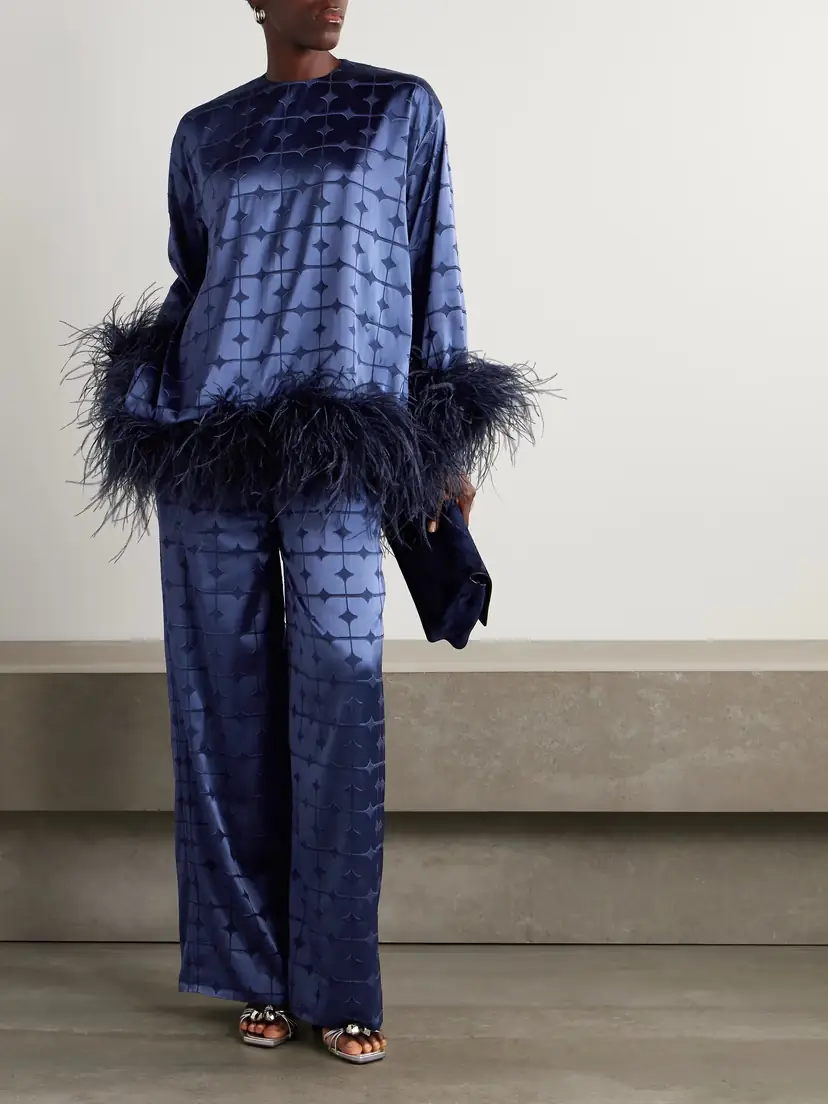 Dima Ayad Geometric Feather-trimmed Devoré-satin Blouse | Thumbnail 2 Dima Ayad Geometric Feather-trimmed Devoré-satin Blouse | Thumbnail 2