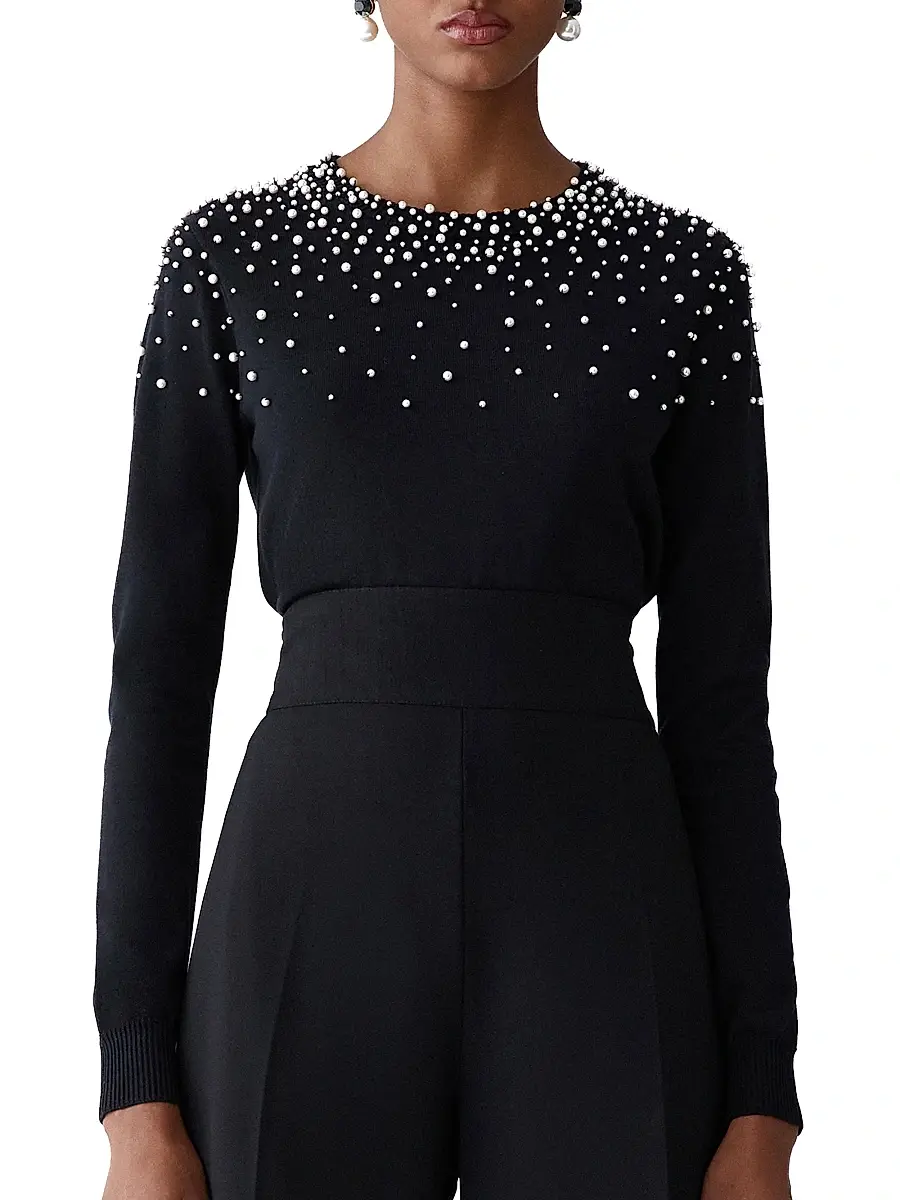 Carolina Herrera Women's Imitation Pearl-Embellished Silk-Cotton Sweater | Thumbnail 3 Carolina Herrera Women's Imitation Pearl-Embellished Silk-Cotton Sweater | Thumbnail 3