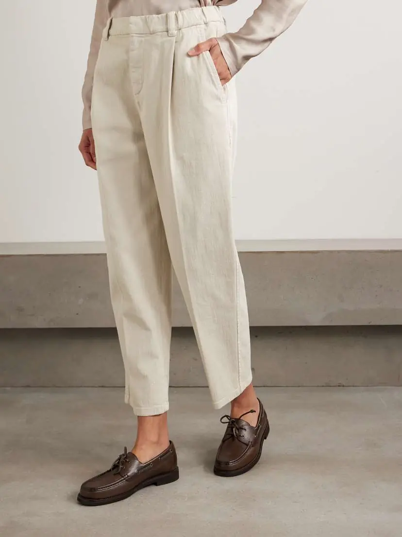 Brunello Cucinelli Cropped Pleated Stretch-cotton Twill Tapered Pants | Thumbnail 3