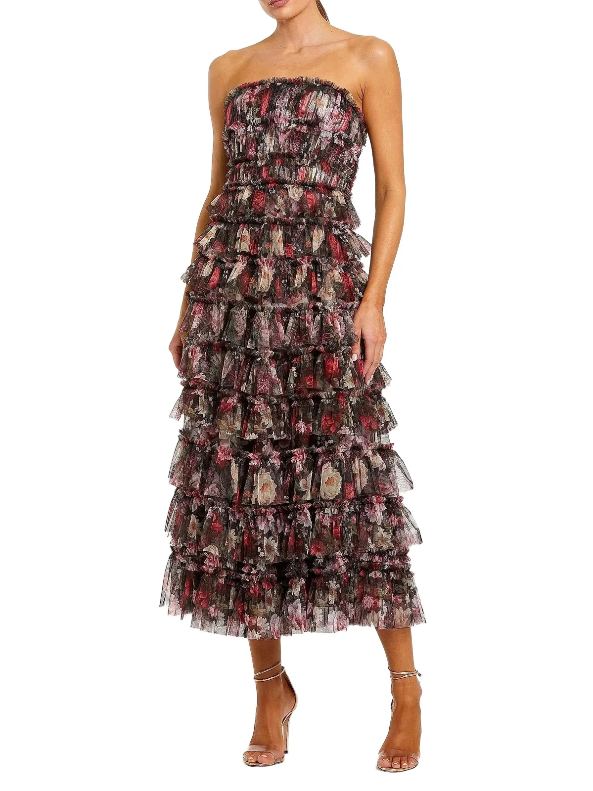 Women's Tiered Ruffled Floral Strapless A-Line Midi-Dress Women's Tiered Ruffled Floral Strapless A-Line Midi-Dress