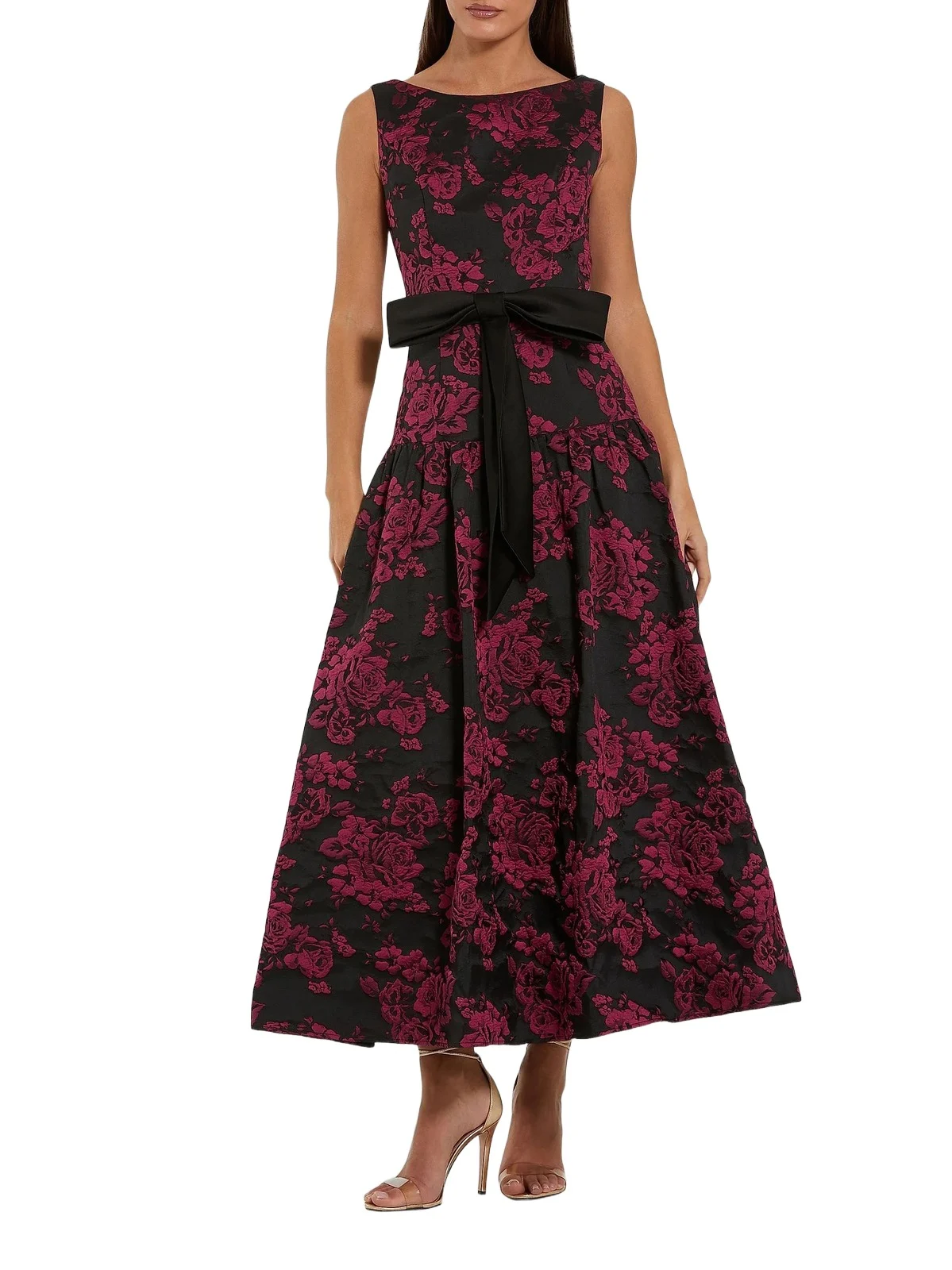 Women's Satin Bow-Waist Floral Brocade Midi-Dress Women's Satin Bow-Waist Floral Brocade Midi-Dress