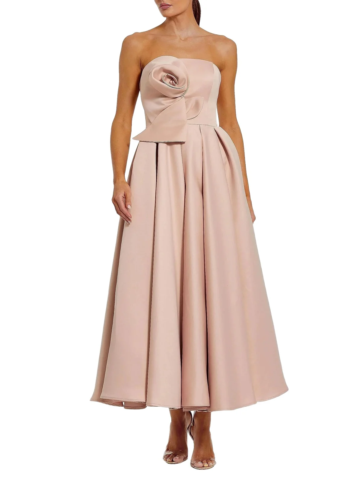 Women's Rosette Satin Strapless A-Line Midi-Dress