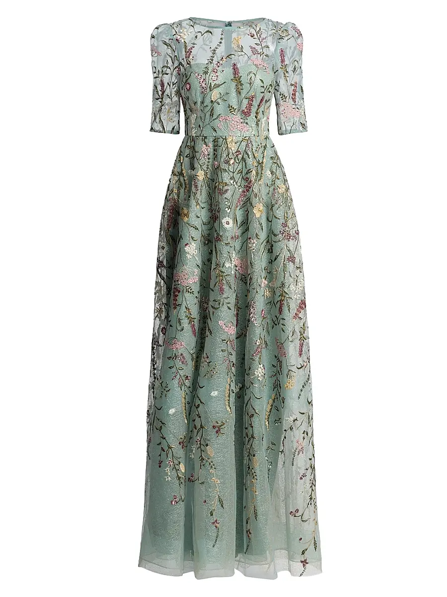 Teri Jon by Rickie Freeman Women's Floral Embroidered Tulle Gown - Sage Multi | Image 1 Teri Jon by Rickie Freeman Women's Floral Embroidered Tulle Gown - Sage Multi | Image 1