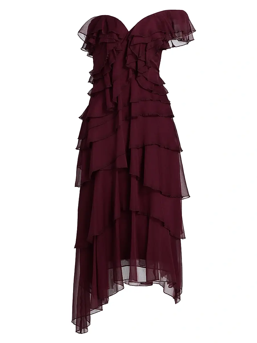 AMUR Women's Emaline Chiffon Cascade Off-The-Shoulder Midi-Dress - Pinot Nior | Image 1 AMUR Women's Emaline Chiffon Cascade Off-The-Shoulder Midi-Dress - Pinot Nior | Image 1