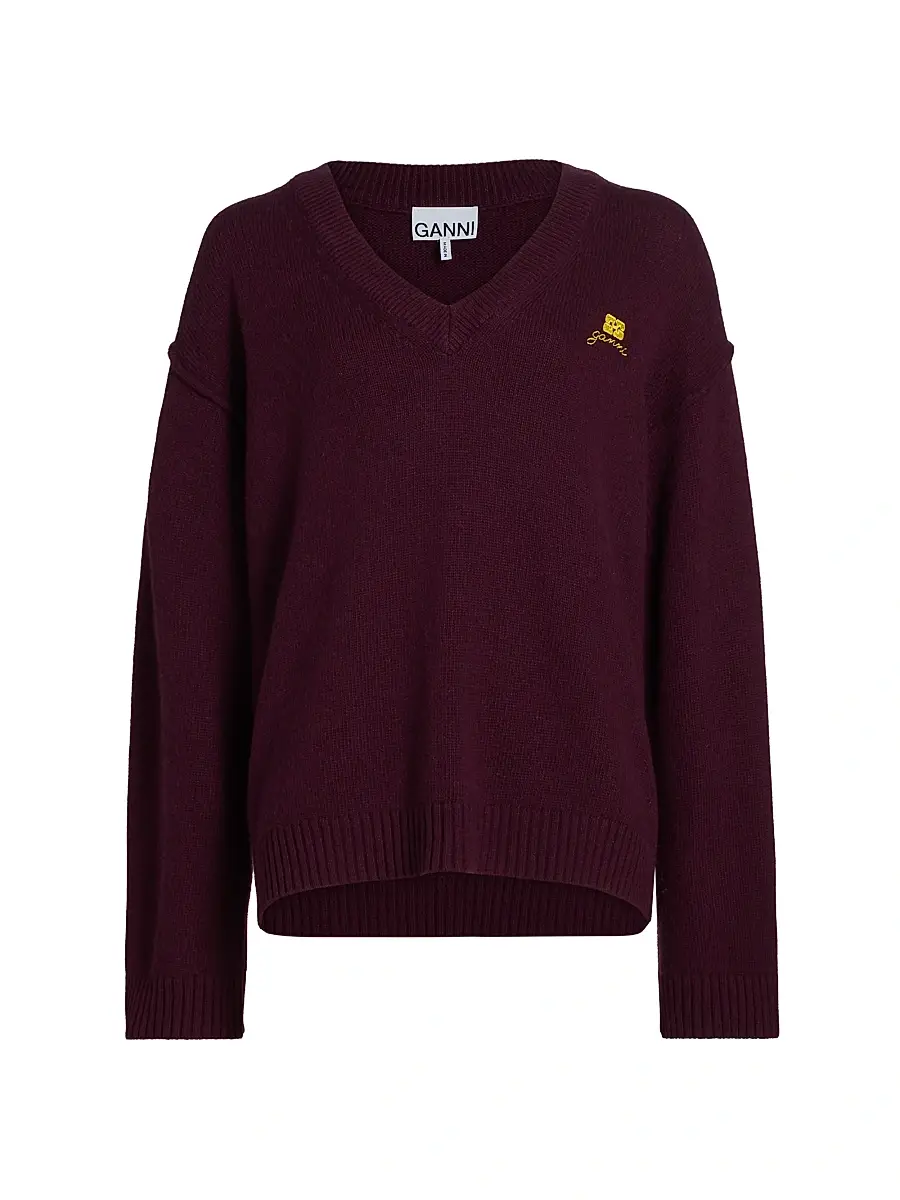 Ganni Women's Core Future Wool-Blend V-Neck Sweater - Burgundy | Image 1 Ganni Women's Core Future Wool-Blend V-Neck Sweater - Burgundy | Image 1