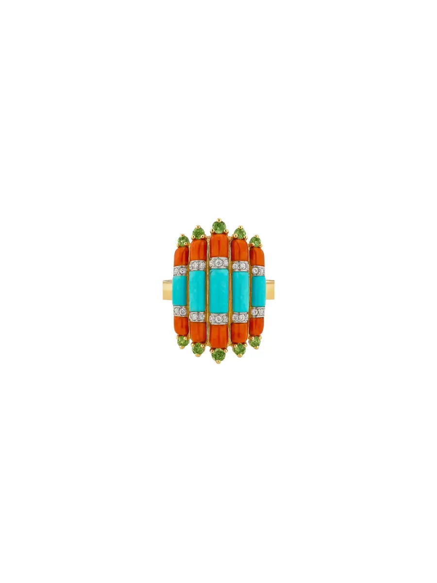Wish Fine Jewelry 4.45ct Diamond Emerald Turquoise Coral 18K Gold Ring | Image 1 Wish Fine Jewelry 4.45ct Diamond Emerald Turquoise Coral 18K Gold Ring | Image 1