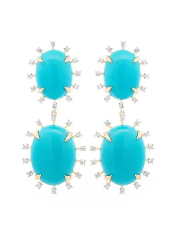 44ct Diamond Arizona Turquoise 18K Gold Sunburst Dangle Drop Earrings