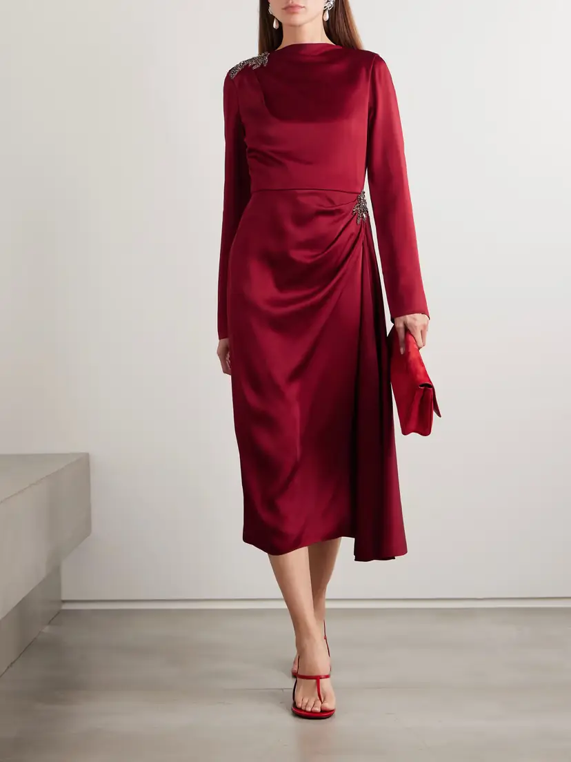 Erdem Draped Crystal-embellished Appliquéd Satin Midi Dress | Thumbnail 2 Erdem Draped Crystal-embellished Appliquéd Satin Midi Dress | Thumbnail 2