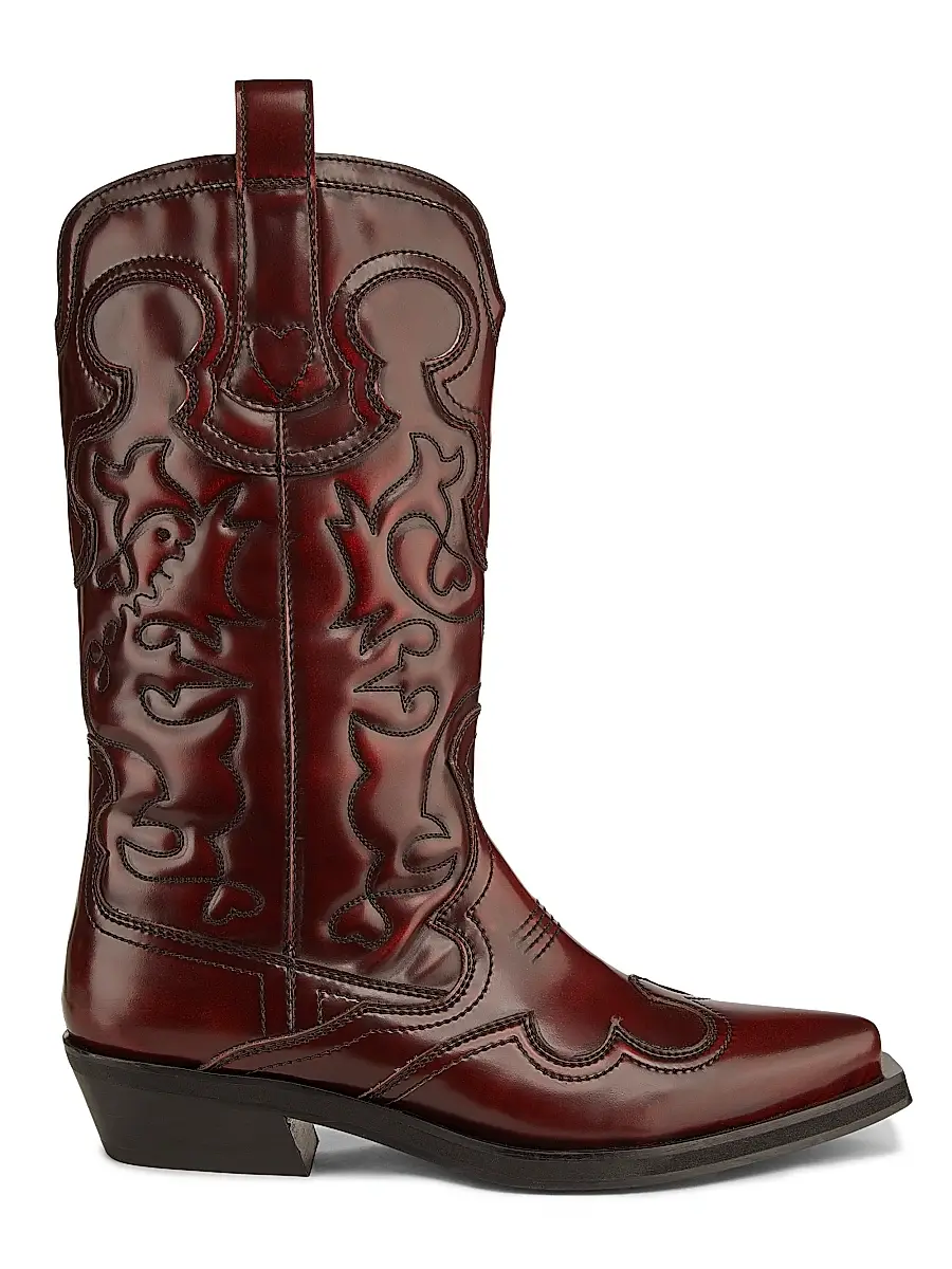 Ganni Women's Embroidered Knee-High Western Boots - Black Dark Burgundy | Image 1 Ganni Women's Embroidered Knee-High Western Boots - Black Dark Burgundy | Image 1