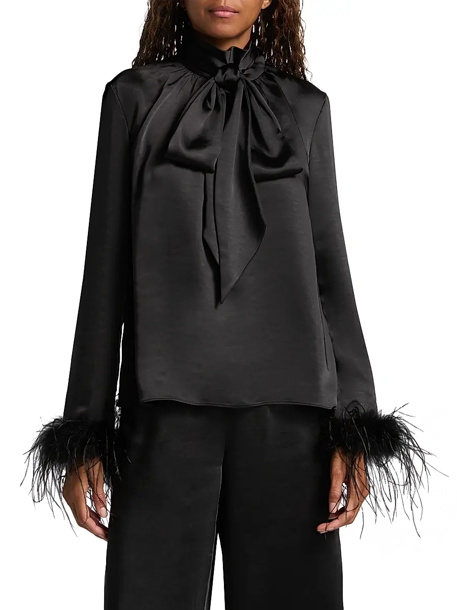 Toccin Women's Veronica Feather-Cuff Textured Satin Blouse | Thumbnail 3 Toccin Women's Veronica Feather-Cuff Textured Satin Blouse | Thumbnail 3