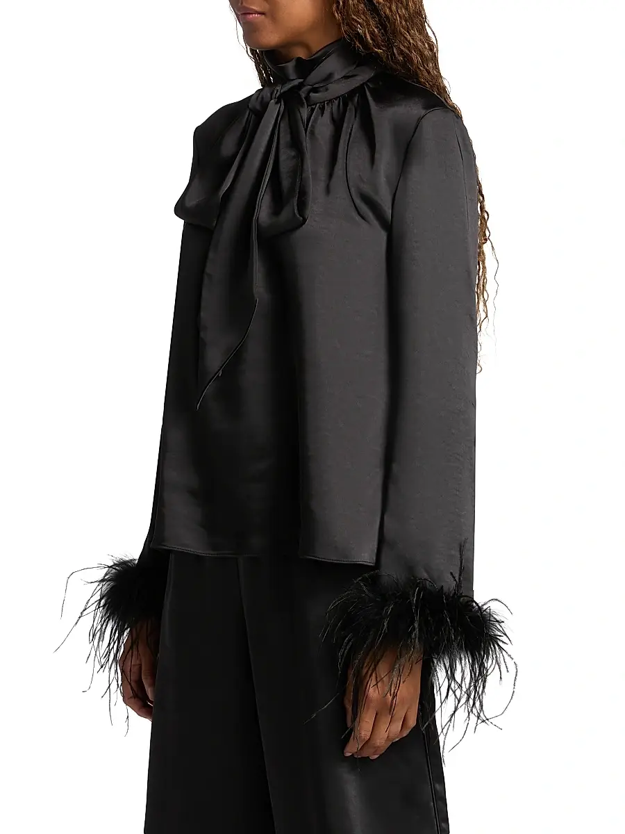 Toccin Women's Veronica Feather-Cuff Textured Satin Blouse | Thumbnail 4 Toccin Women's Veronica Feather-Cuff Textured Satin Blouse | Thumbnail 4