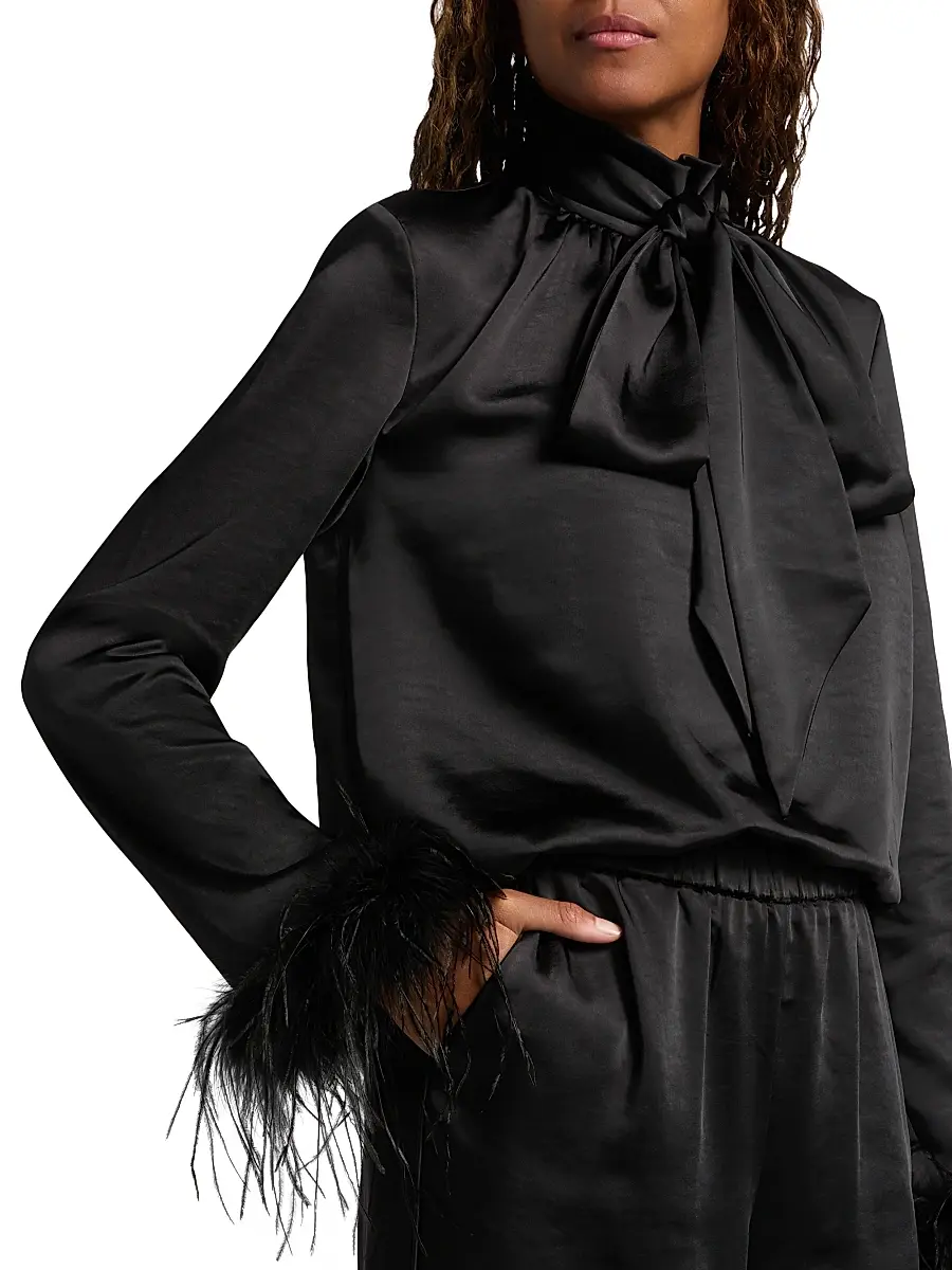 Toccin Women's Veronica Feather-Cuff Textured Satin Blouse | Thumbnail 6 Toccin Women's Veronica Feather-Cuff Textured Satin Blouse | Thumbnail 6