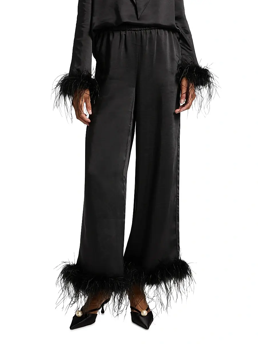 Toccin Women's Auggie Feather-Cuff Textured Satin Pants | Thumbnail 3 Toccin Women's Auggie Feather-Cuff Textured Satin Pants | Thumbnail 3