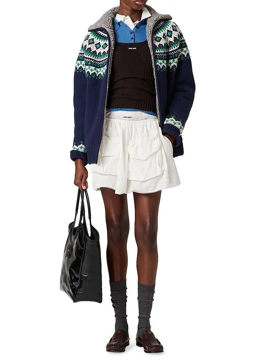 Miu Miu Women's Wool and Fleece Cardigan with Zipper - Blue | Thumbnail 5 Miu Miu Women's Wool and Fleece Cardigan with Zipper - Blue | Thumbnail 5