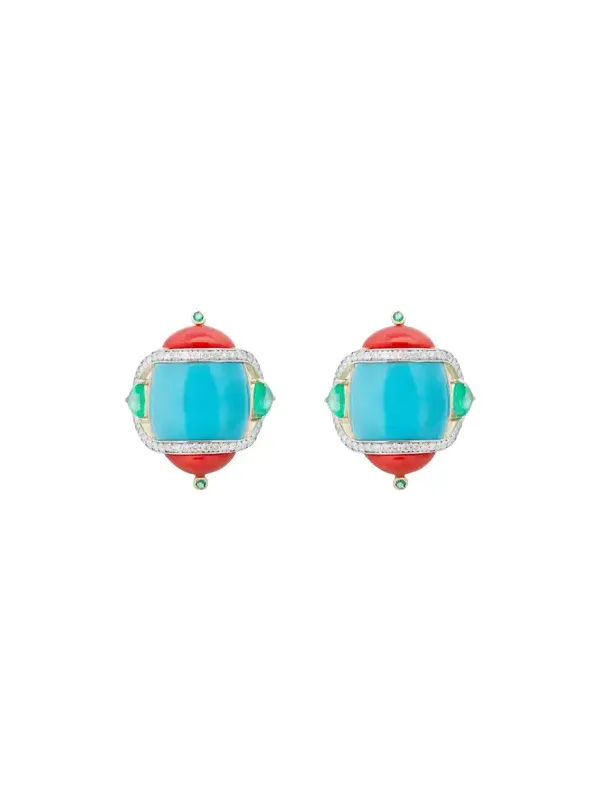 18 kt Earring with Turquoise 12,35cts , Coral2,90 cts ,Emerald1,20 cts and Diamond 0,47 cts grams 6,22 18 kt Earring with Turquoise 12,35cts , Coral2,90 cts ,Emerald1,20 cts and Diamond 0,47 cts grams 6,22