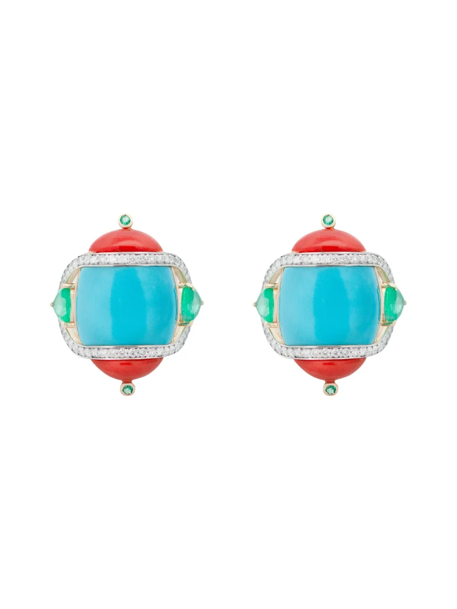 18 kt Earring with Turquoise 12,35cts , Coral2,90 cts ,Emerald1,20 cts and Diamond 0,47 cts grams 6,22 18 kt Earring with Turquoise 12,35cts , Coral2,90 cts ,Emerald1,20 cts and Diamond 0,47 cts grams 6,22