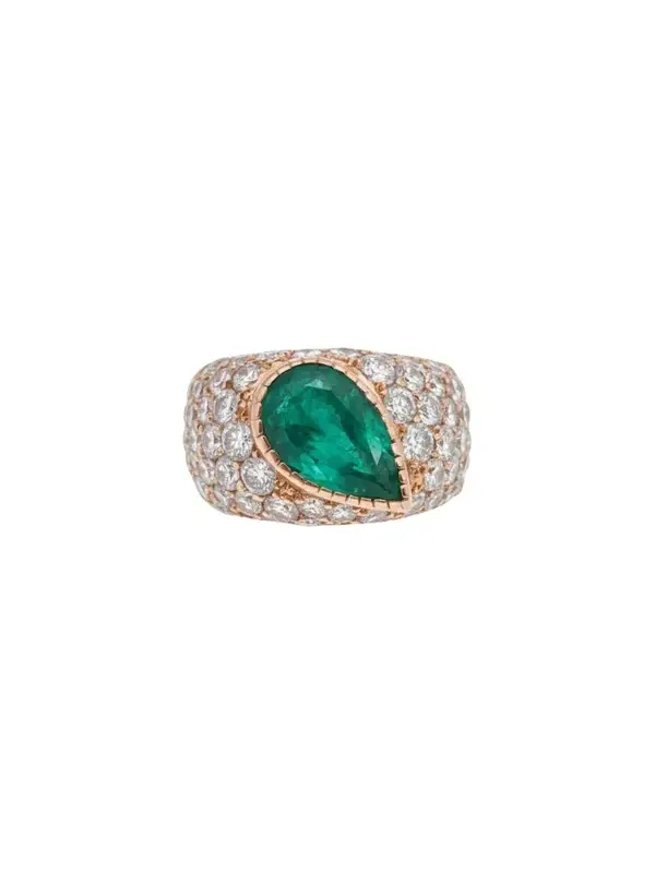 5.32ct Diamond Colombian Emerald 18K Gold Pear Ring
