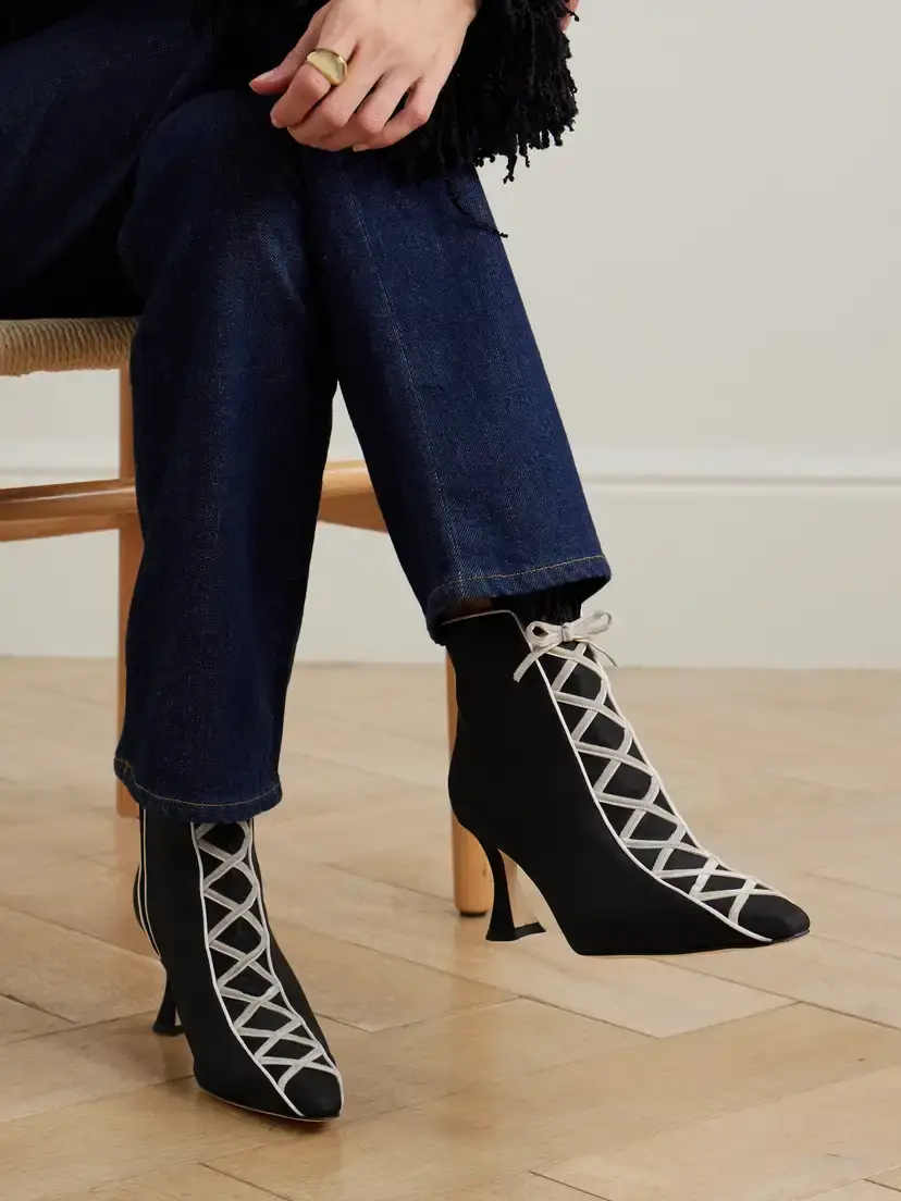 Manolo Blahnik Nolhac 70 Ruffled Velvet-trimmed Silk Ankle Boots | Thumbnail 2 Manolo Blahnik Nolhac 70 Ruffled Velvet-trimmed Silk Ankle Boots | Thumbnail 2