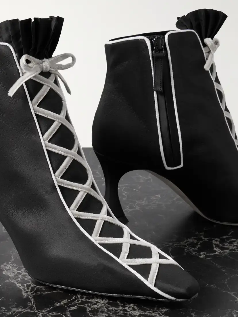 Manolo Blahnik Nolhac 70 Ruffled Velvet-trimmed Silk Ankle Boots | Thumbnail 4 Manolo Blahnik Nolhac 70 Ruffled Velvet-trimmed Silk Ankle Boots | Thumbnail 4