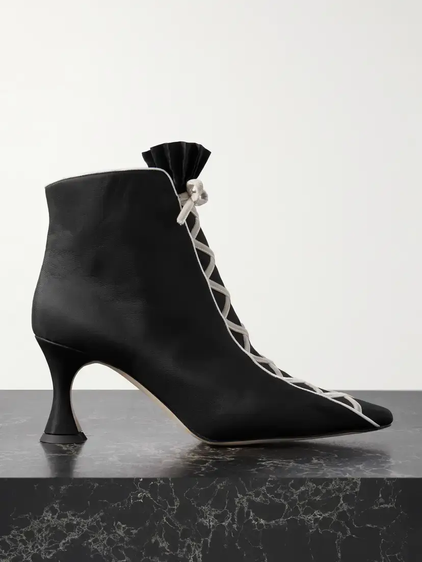 Manolo Blahnik Nolhac 70 Ruffled Velvet-trimmed Silk Ankle Boots | Image 1 Manolo Blahnik Nolhac 70 Ruffled Velvet-trimmed Silk Ankle Boots | Image 1