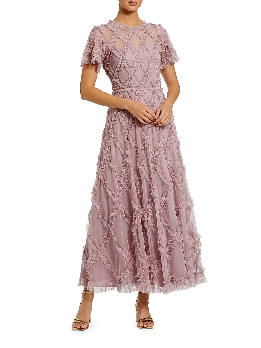 Mac Duggal Women's Ruffled Diamond-Quilted Mesh Gown - Heather | Image 1 Mac Duggal Women's Ruffled Diamond-Quilted Mesh Gown - Heather | Image 1