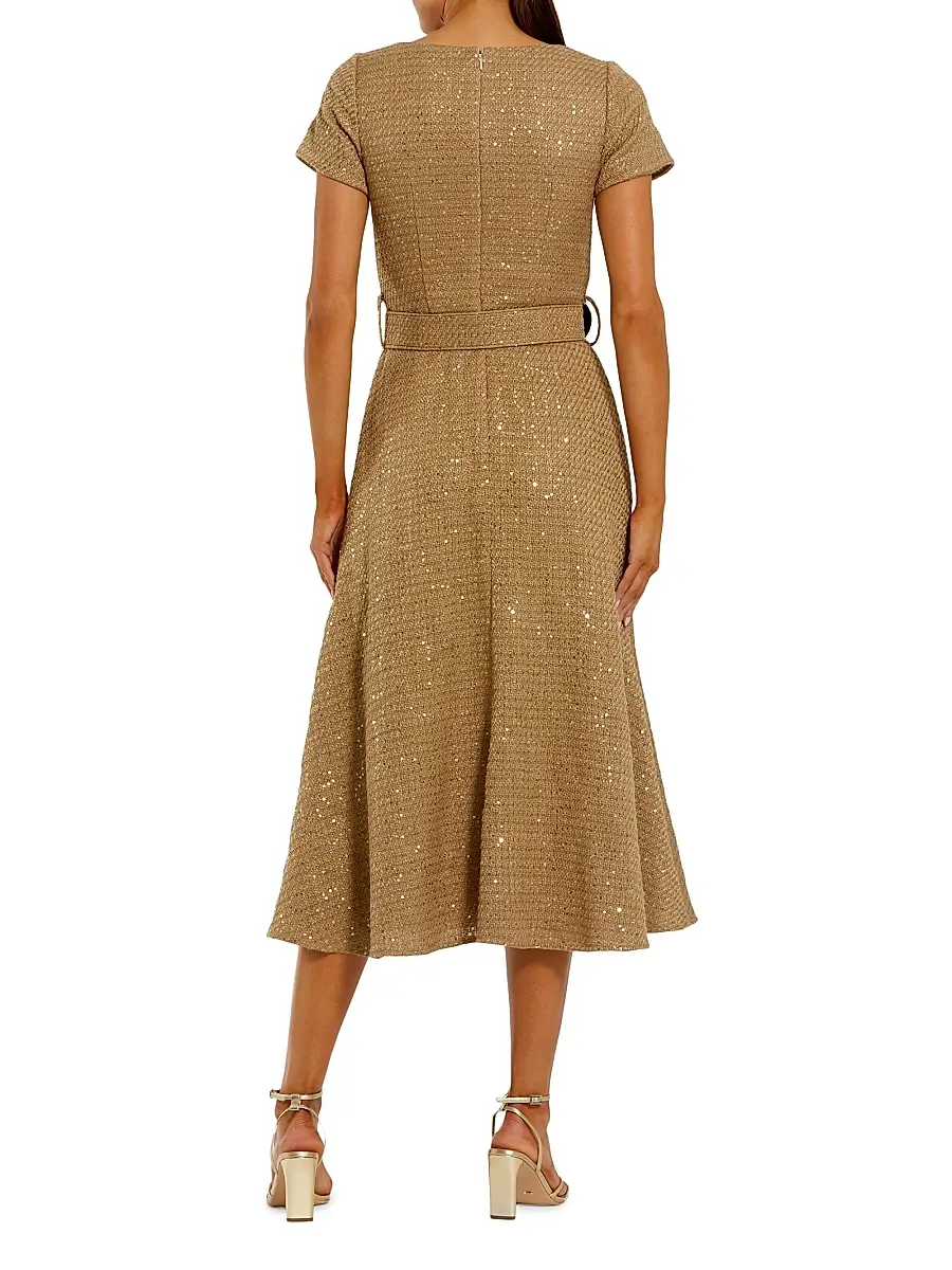 Mac Duggal Women's Short Sleeve Bouclé Button-Front Midi-Dress | Thumbnail 2