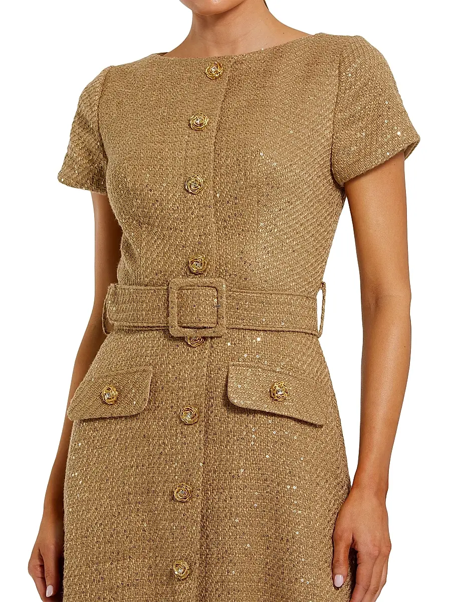 Mac Duggal Women's Short Sleeve Bouclé Button-Front Midi-Dress | Thumbnail 3