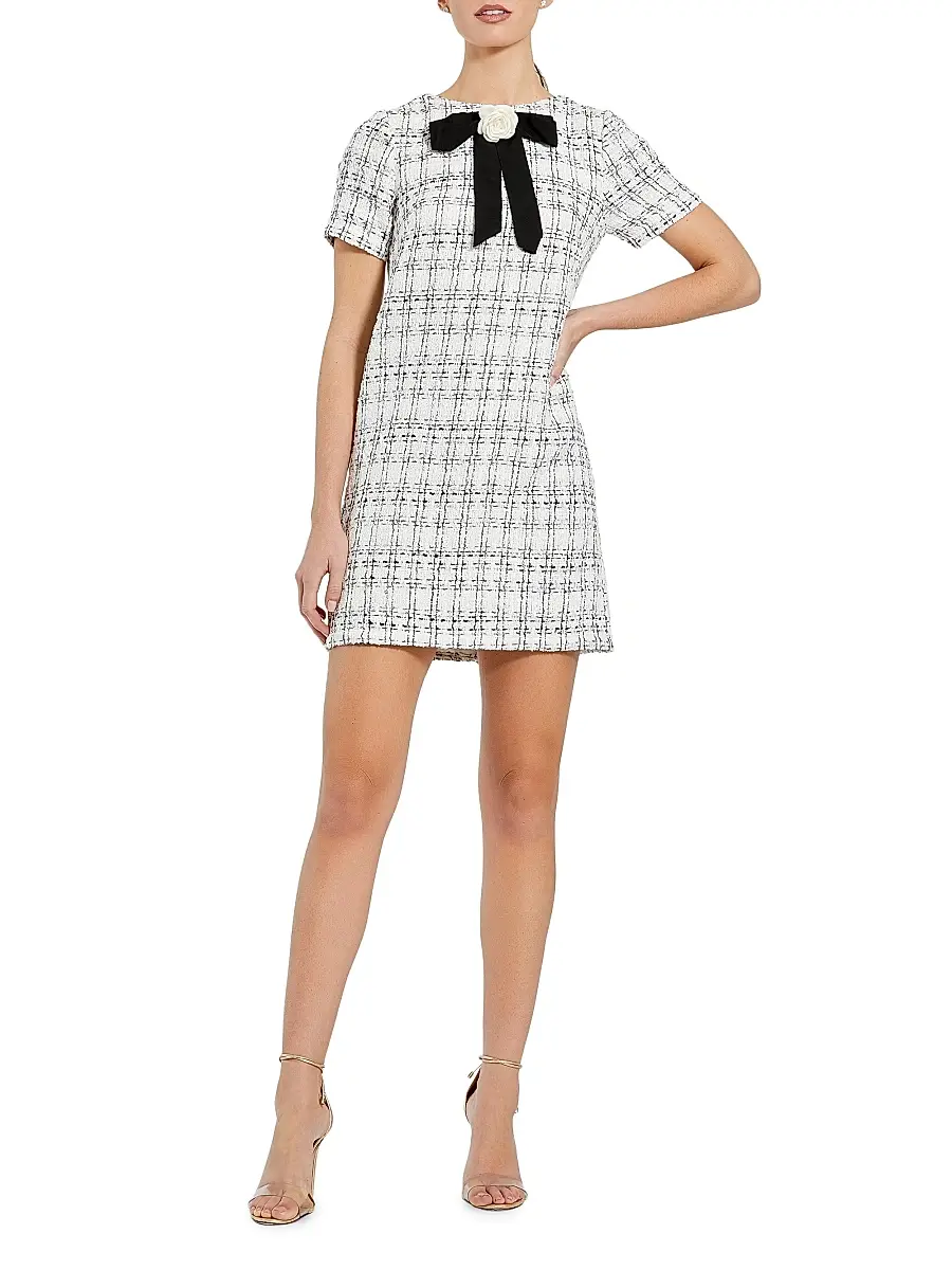 Mac Duggal Women's Short Sleeve High Neck Bouclé Minidress With Bow - Ivory | Thumbnail 2 Mac Duggal Women's Short Sleeve High Neck Bouclé Minidress With Bow - Ivory | Thumbnail 2