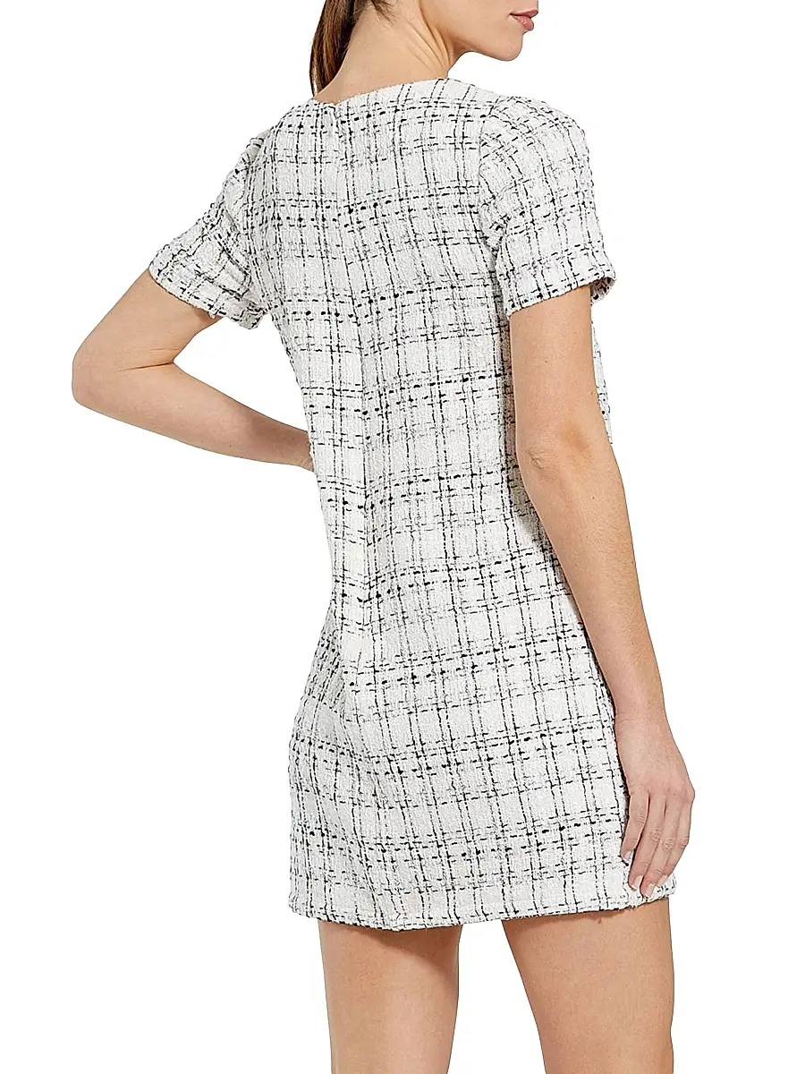 Mac Duggal Women's Short Sleeve High Neck Bouclé Minidress With Bow - Ivory | Thumbnail 3 Mac Duggal Women's Short Sleeve High Neck Bouclé Minidress With Bow - Ivory | Thumbnail 3