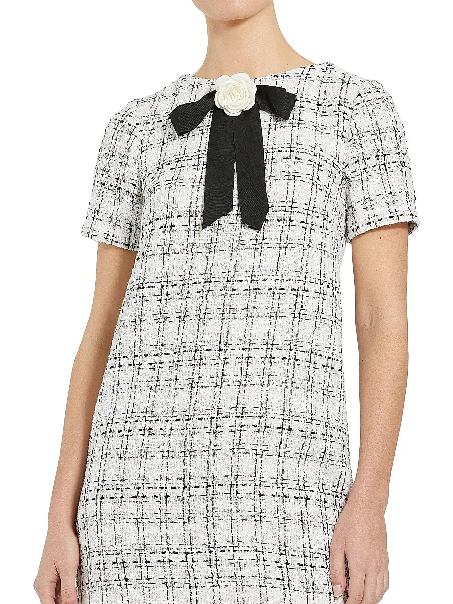 Mac Duggal Women's Short Sleeve High Neck Bouclé Minidress With Bow - Ivory | Thumbnail 4 Mac Duggal Women's Short Sleeve High Neck Bouclé Minidress With Bow - Ivory | Thumbnail 4