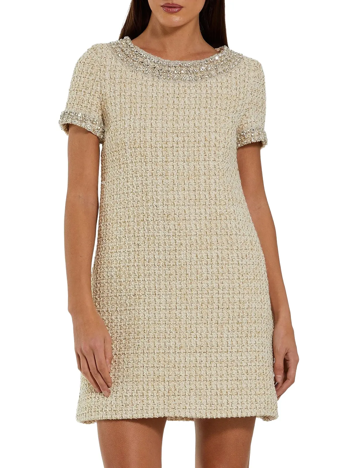 Mac Duggal Women's Short Sleeve Bouclé Minidress With Beading Detail - Ivory Gold