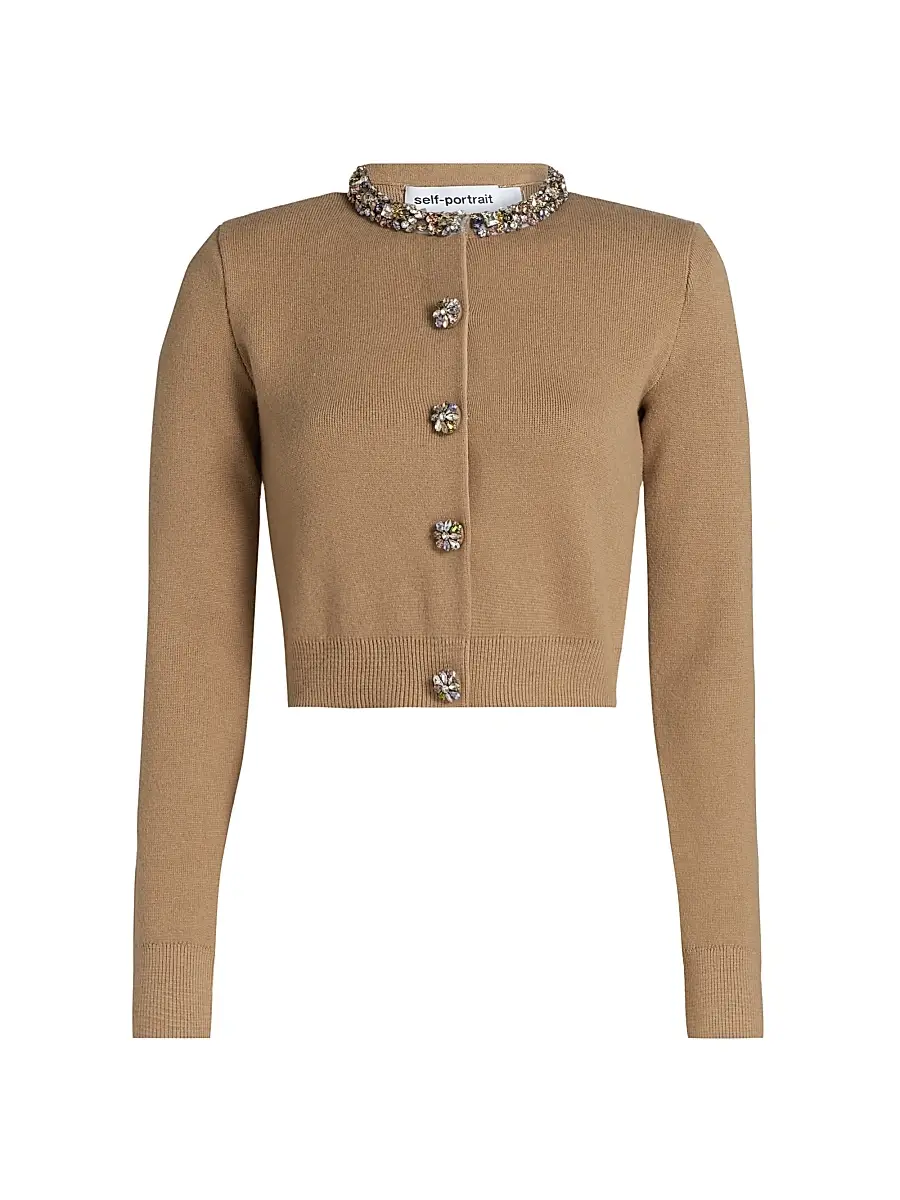 Self-Portrait Women's Embellished Crewneck Crop Cardigan - Brown | Image 1 Self-Portrait Women's Embellished Crewneck Crop Cardigan - Brown | Image 1