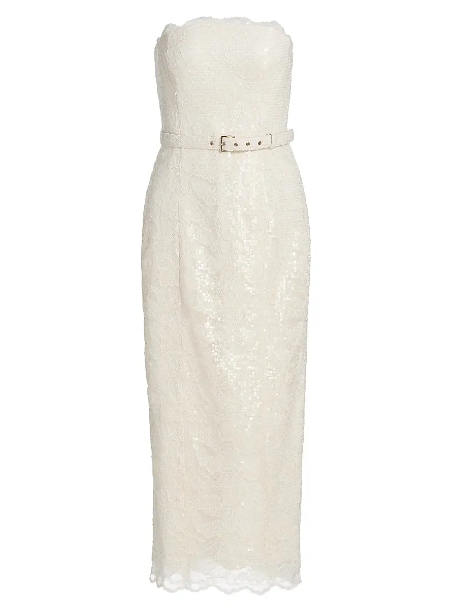 Toccin Women's Vivian Strapless Belted Lace Midi-Dress