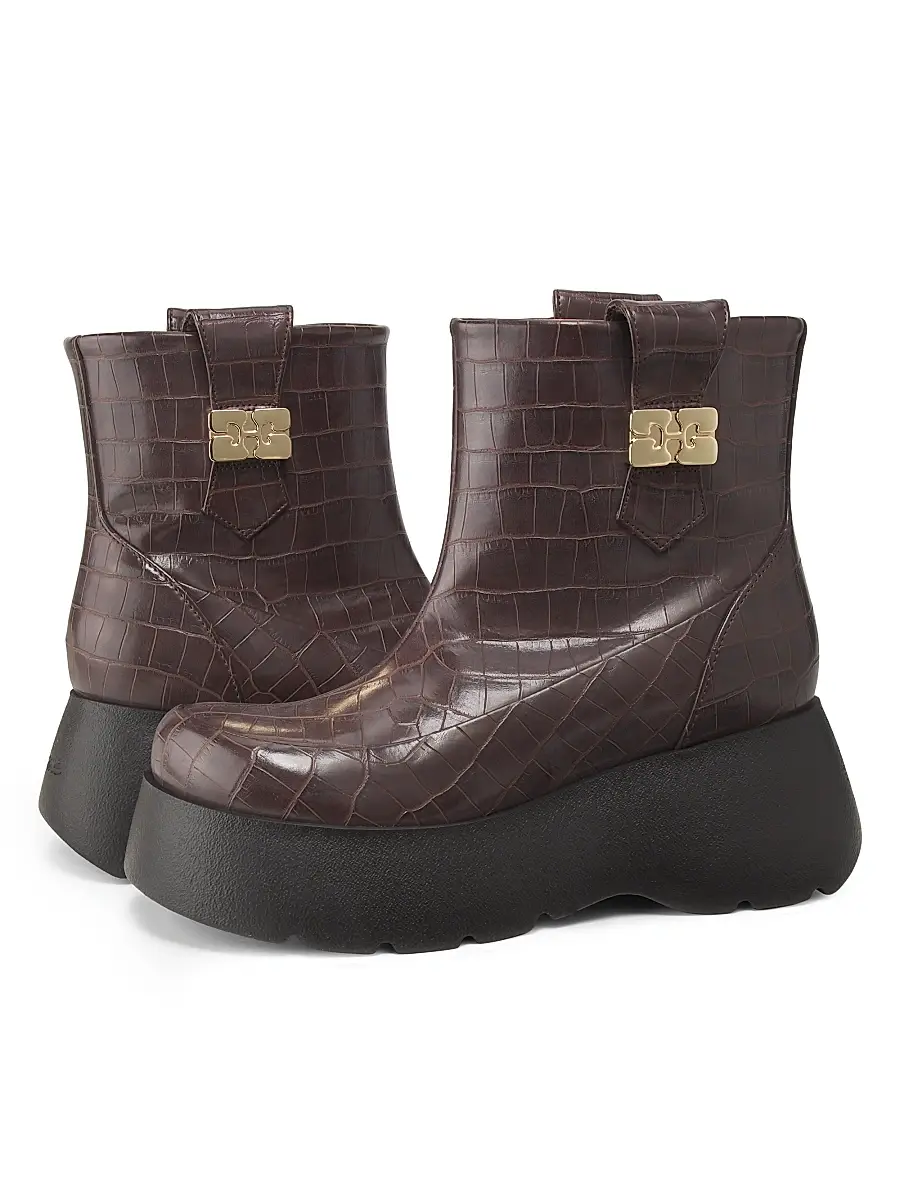 Ganni Women's Kat Crocodile-Embossed Leather Platform Ankle Boots | Thumbnail 2 Ganni Women's Kat Crocodile-Embossed Leather Platform Ankle Boots | Thumbnail 2