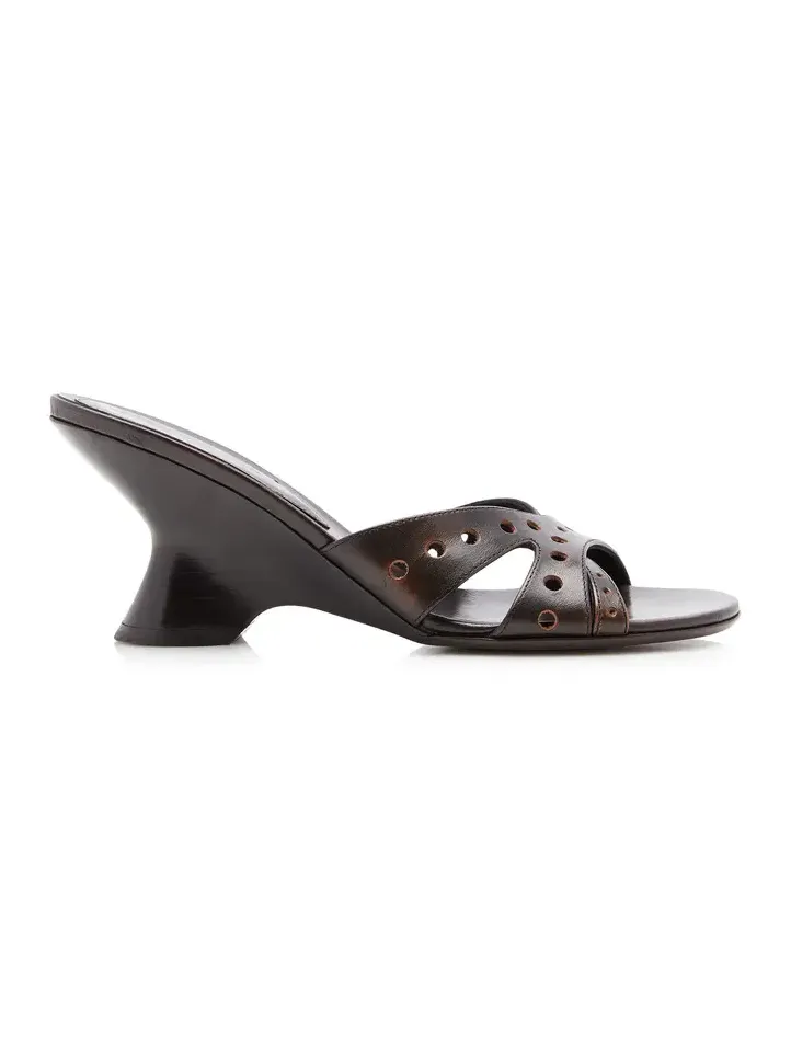 Punctured Leather Wedge Mules