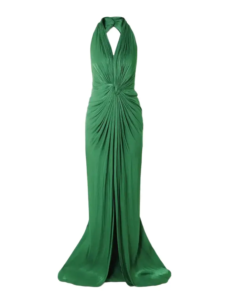 Twist-front Metallic Georgette Halterneck Gown