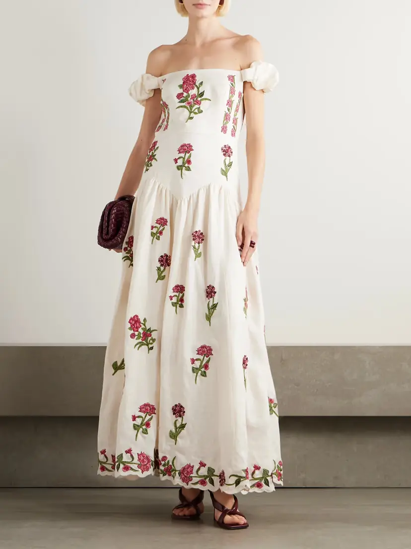 Agua by Agua Bendita Siembra Off-the-shoulder Appliquéd Embroidered Printed Linen Maxi Dress | Thumbnail 2