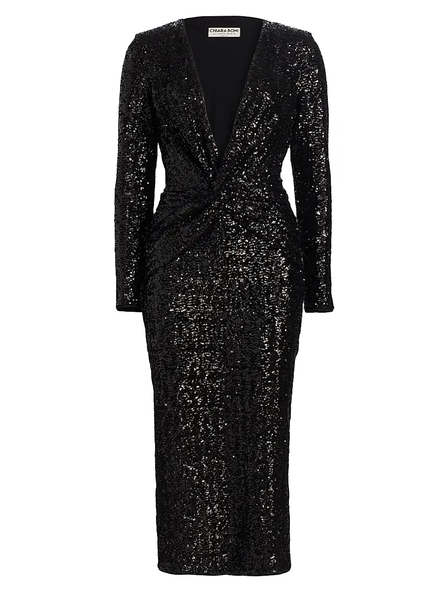 Chiara Boni La Petite Robe Women's Jarra Sequined Twist-Front V-Neck Midi-Dress - Black | Image 1 Chiara Boni La Petite Robe Women's Jarra Sequined Twist-Front V-Neck Midi-Dress - Black | Image 1