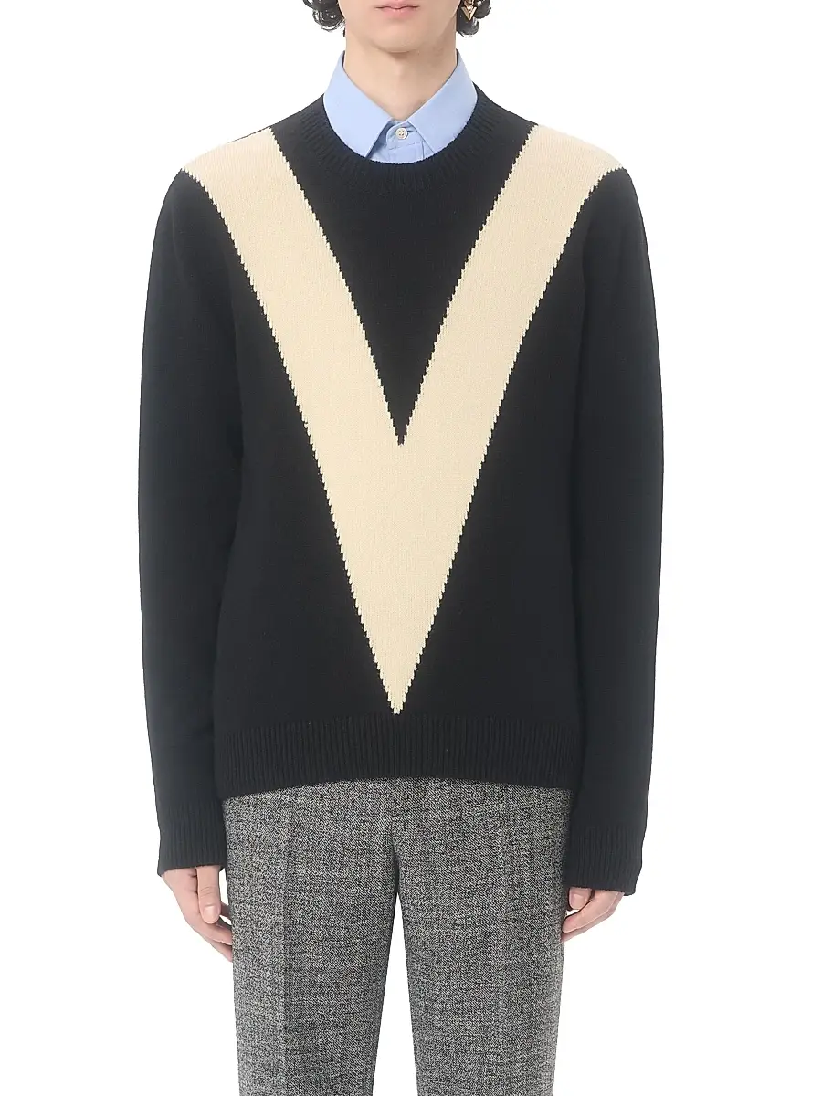 Valentino Men's Wool Sweater with Inlaid V - Black Butter | Thumbnail 2 Valentino Men's Wool Sweater with Inlaid V - Black Butter | Thumbnail 2