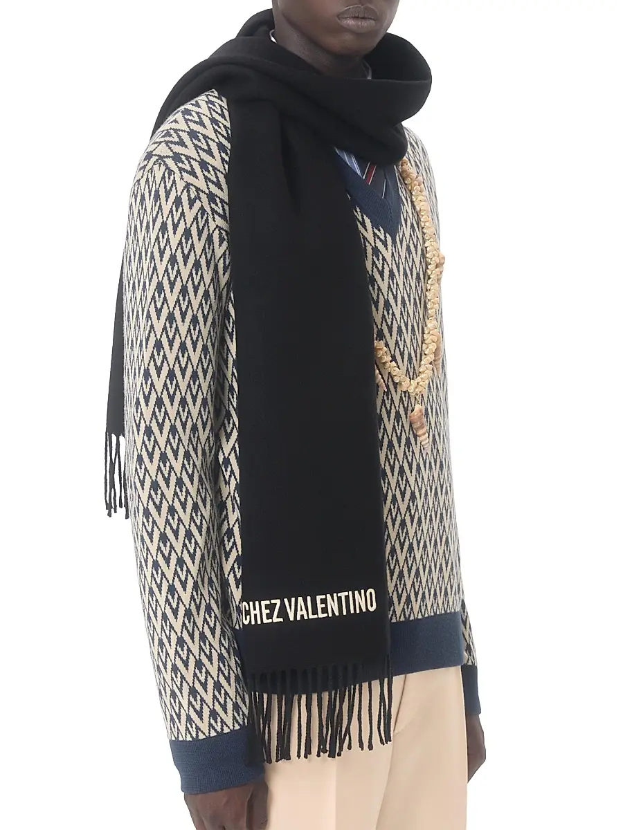 Valentino Men's Wool Scarf with Chez Embroidery - Black Butter | Thumbnail 2 Valentino Men's Wool Scarf with Chez Embroidery - Black Butter | Thumbnail 2