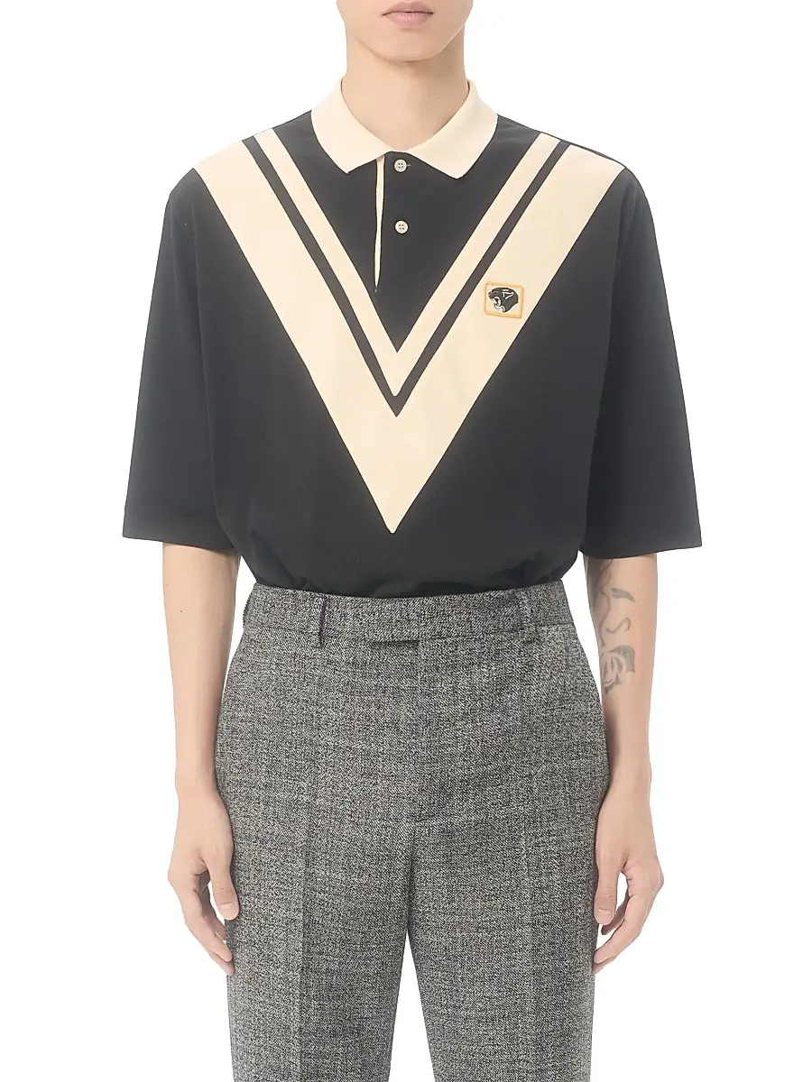 Valentino Men's Cotton Polo with Inlaid V and Embroidered Panther Patch | Thumbnail 2 Valentino Men's Cotton Polo with Inlaid V and Embroidered Panther Patch | Thumbnail 2