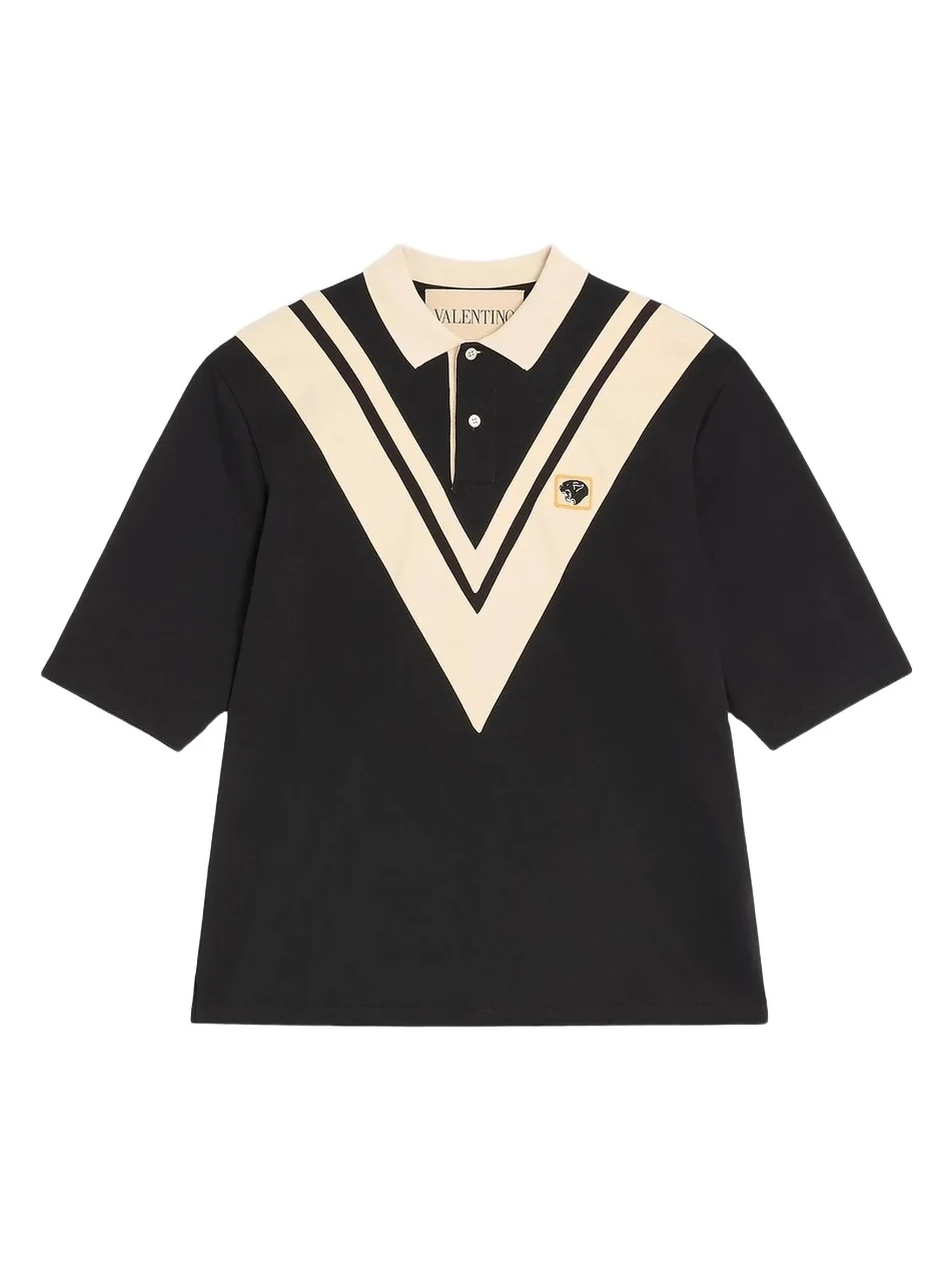 Valentino Men's Cotton Polo with Inlaid V and Embroidered Panther Patch