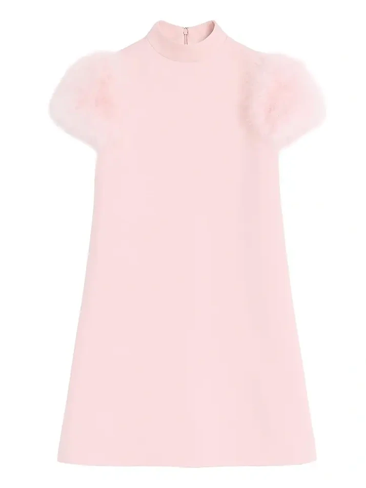 Women's Short Crepe Couture Dress with Feathers - Rose