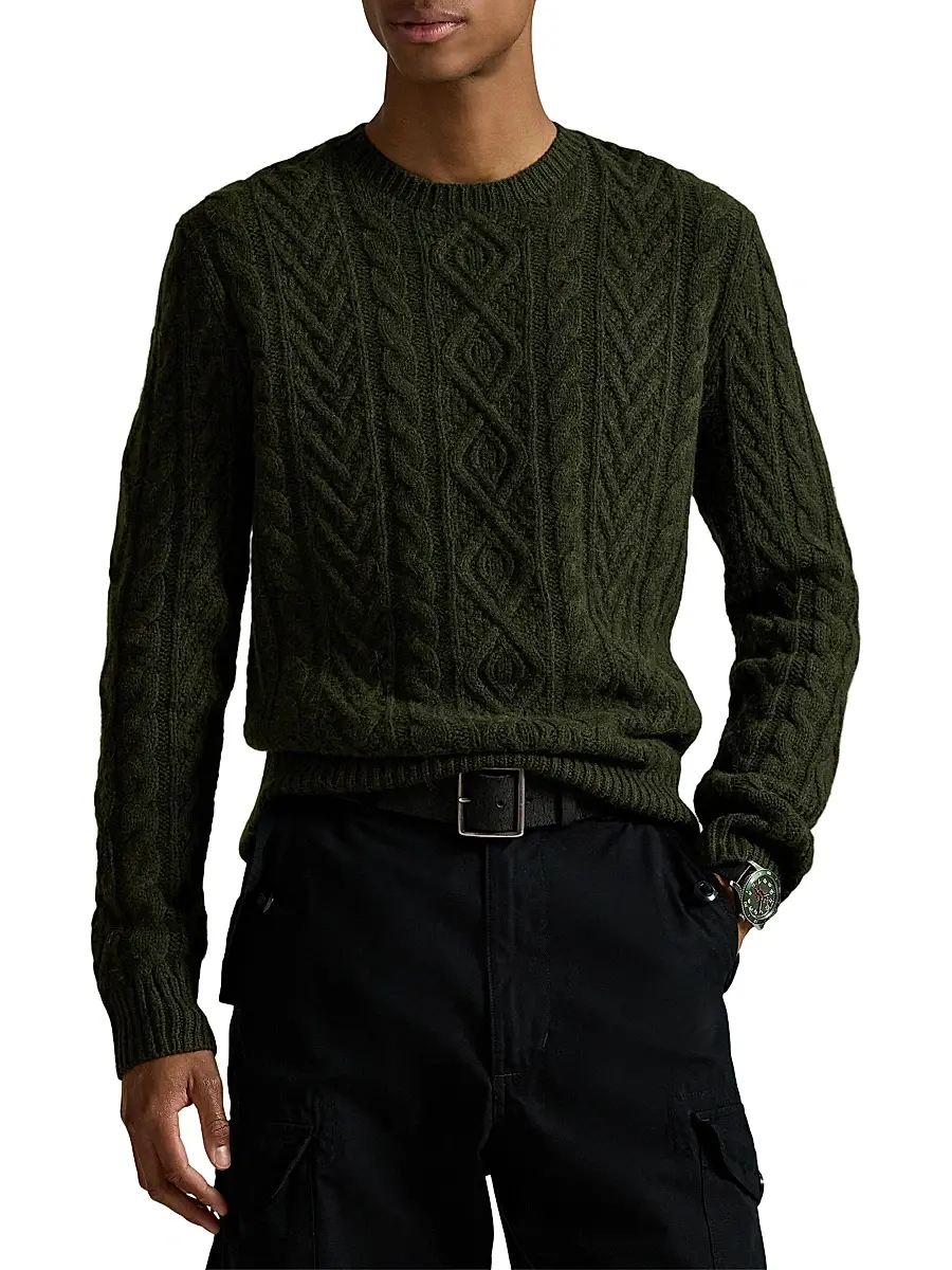 Polo Ralph Lauren Men's Fisherman Cable-Knit Wool-Alpaca Sweater - Leaf Green Heather | Thumbnail 9 Polo Ralph Lauren Men's Fisherman Cable-Knit Wool-Alpaca Sweater - Leaf Green Heather | Thumbnail 9