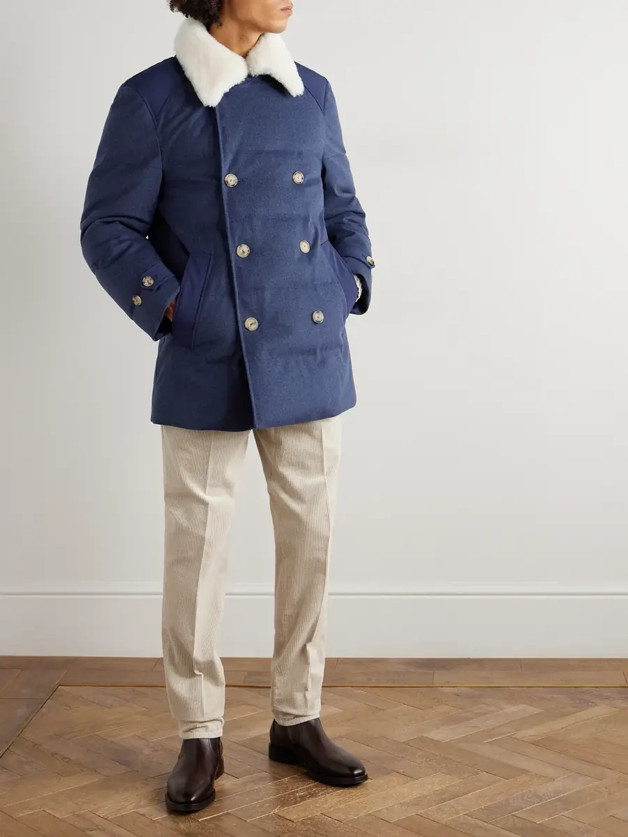 Brunello Cucinelli Double-Breasted Shearling-Trimmed Quilted Wool Down Coat - Men | Thumbnail 2 Brunello Cucinelli Double-Breasted Shearling-Trimmed Quilted Wool Down Coat - Men | Thumbnail 2
