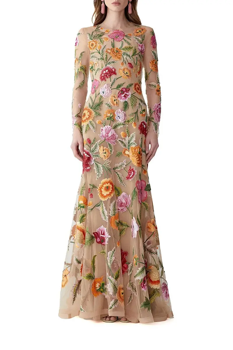 Carolina Herrera Long Sleeve Embroidered Gown | Thumbnail 2
