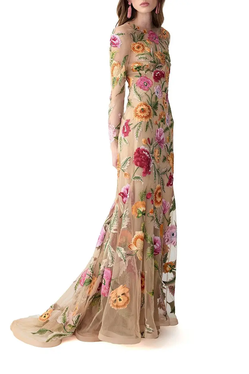 Carolina Herrera Long Sleeve Embroidered Gown | Thumbnail 3