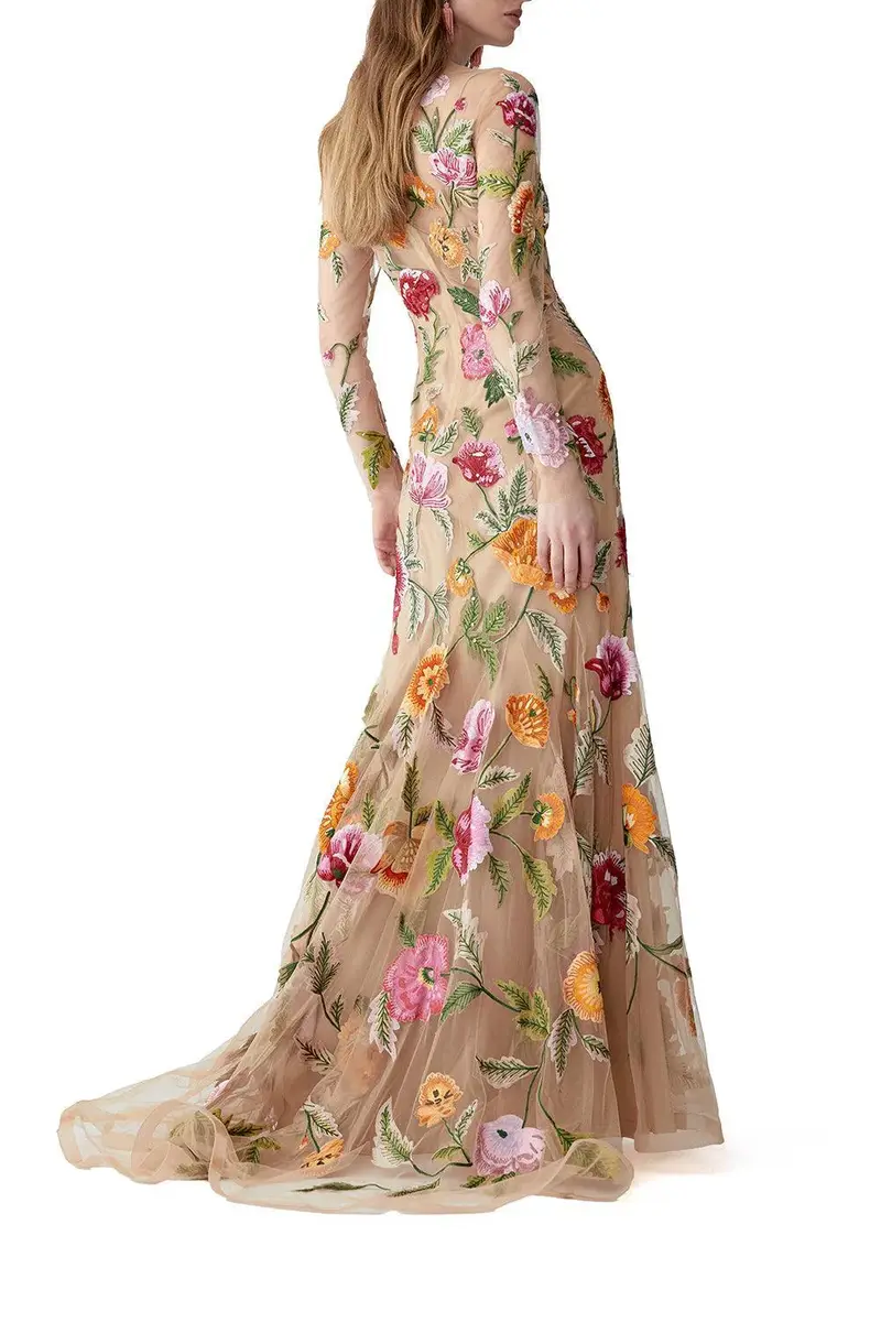 Carolina Herrera Long Sleeve Embroidered Gown | Thumbnail 4