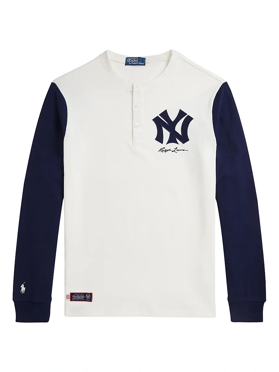 Polo Ralph Lauren Men's New York Yankees Henley Shirt - Deckwash White Newport Navy | Image 1 Polo Ralph Lauren Men's New York Yankees Henley Shirt - Deckwash White Newport Navy | Image 1